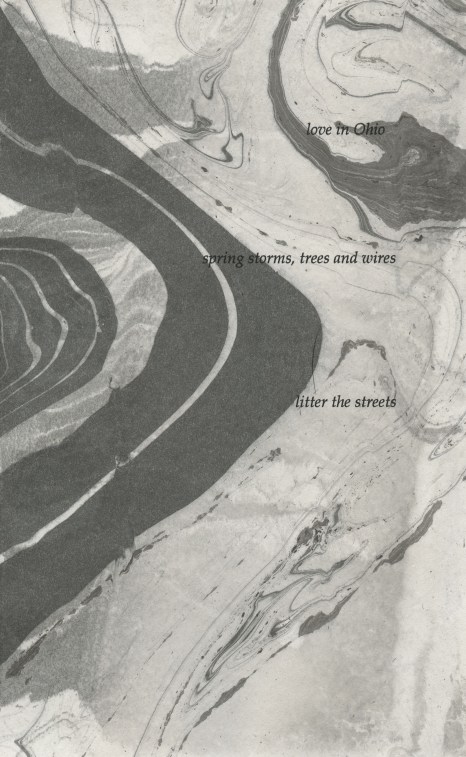 text on suminagashi, reads- love in Ohio/spring storms, trees and wires/litter the streets